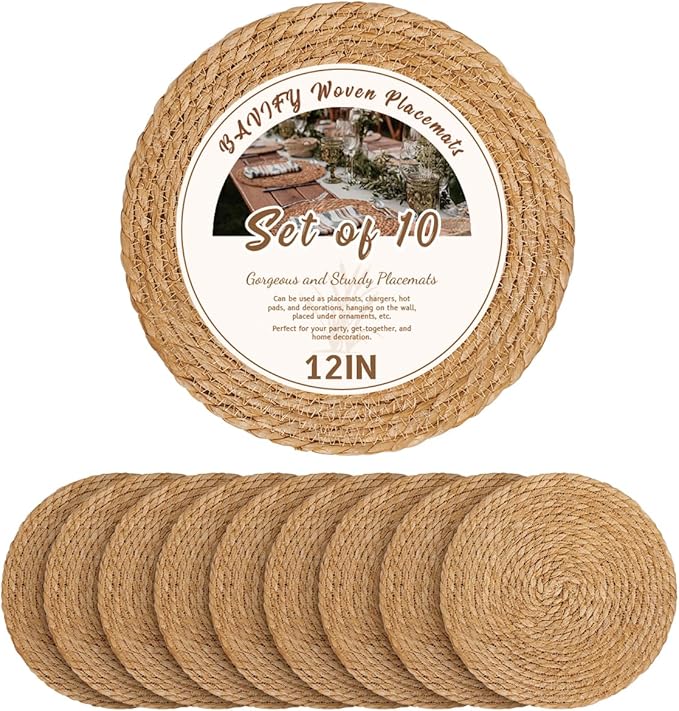12 in Round Woven Placemats Plate Chargers Set of 10, Rattan Wicker Table Mats for Dinner Plates, Boho Farmhouse Rustic Place Mats for Dining Table Decor
