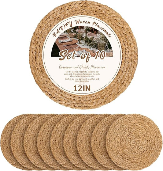 12 in Round Woven Placemats Plate Chargers Set of 10, Rattan Wicker Table Mats for Dinner Plates, Boho Farmhouse Rustic Place Mats for Dining Table Decor