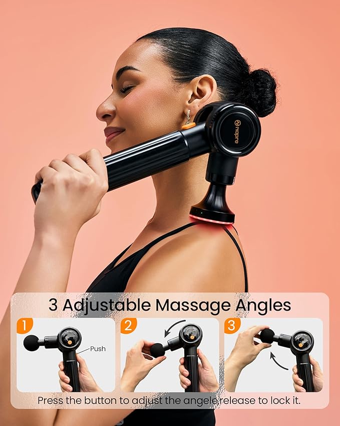 NAPRE Massage Gun with Heat,Massage Gun Deep Tissue with Extension Handle & 3 Adjustable Angles,Handheld Percussion Back Massager for Muscle/Neck/Body Pain Relief with Portable Case,Black