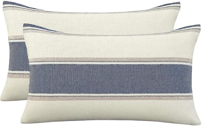AmHoo Pack of 2 Farmhouse Linen Throw Pillow Cover Cushion Stripe Decoration Buffalo Retro Pillowcase with Hidden Zipper for Sofa Bedroom Car 12 x 20 Inch Blue
