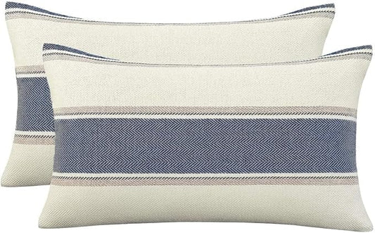 AmHoo Pack of 2 Farmhouse Linen Throw Pillow Cover Cushion Stripe Decoration Buffalo Retro Pillowcase with Hidden Zipper for Sofa Bedroom Car 12 x 20 Inch Blue