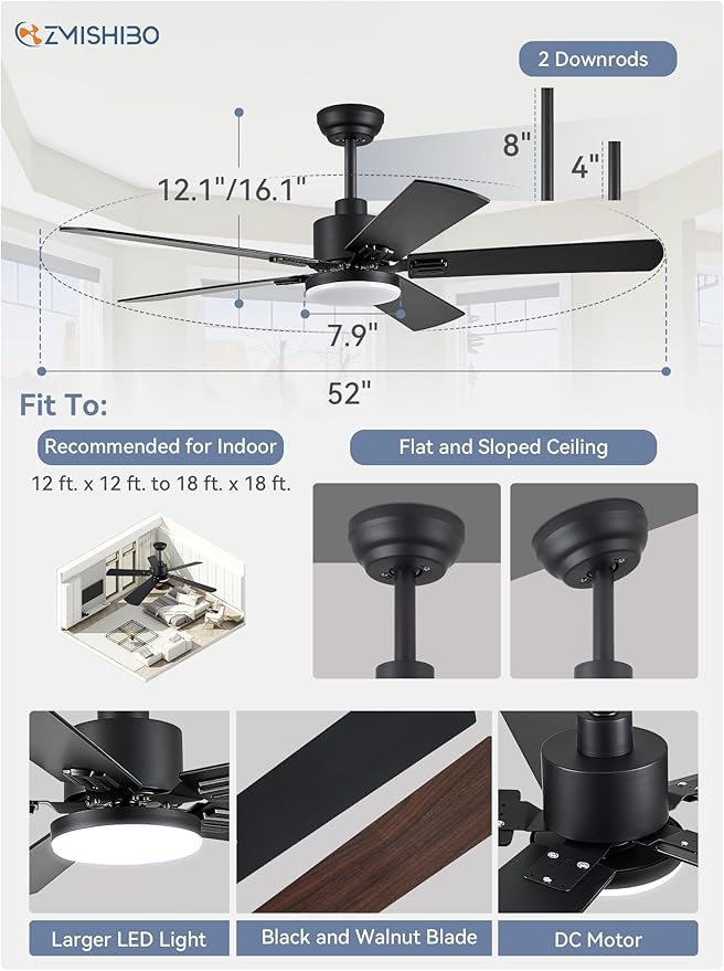 ZMISHIBO 2 Pack 52" Ceiling Fans with Lights, Black Modern Ceiling Fan with Remote, Farmhouse Indoor Ceiling Fan with Dual Finish Blades, Quiet & Strong Motor, Bright LED Light.