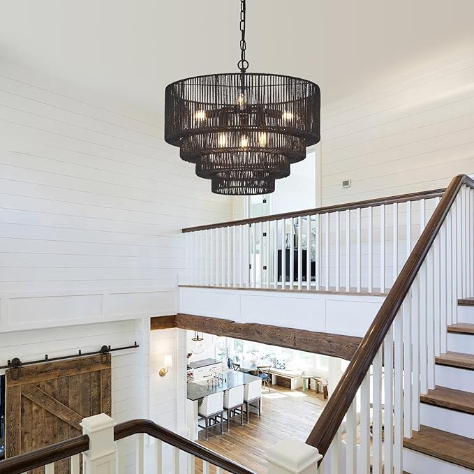 19.7" Hand-Woven Rattan Chandelier Vintage Farmhouse 6-Lights Boho Black Bamboo Chandeliers Light Fixture Retro Drum Wicker Rattan Chandelier for Dining Room, Kitchen Island, Bedroom, E12