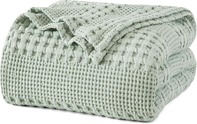 PHF 100% Cotton Waffle Weave Blanket King Size for Bed, Soft Lightweight &amp; Breathable, All-Season Comfort, Luxury Aesthetic Woven Bedding for Home Decor, 108"x90", Sage Green