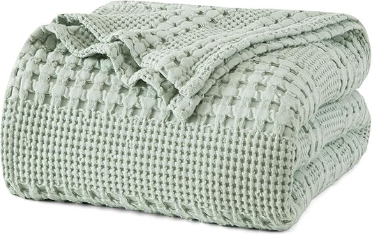PHF 100% Cotton Waffle Weave Blanket King Size for Bed, Soft Lightweight &amp; Breathable, All-Season Comfort, Luxury Aesthetic Woven Bedding for Home Decor, 108"x90", Sage Green