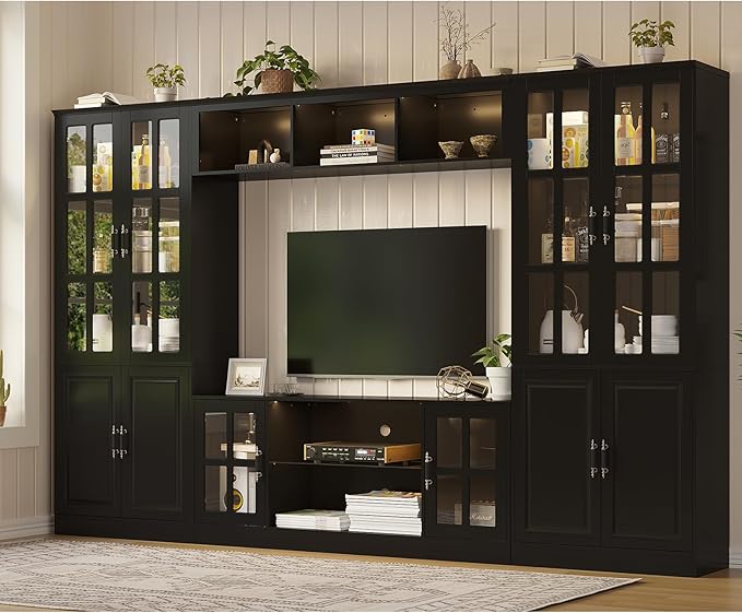 MEISSALIVVE 4-Piece Wall Unit TV Stand with Storage & LED Lights for TVs up to 75", Modern Entertainment Center with Bookshelves & 4-Door Pantry Cabinet, Black