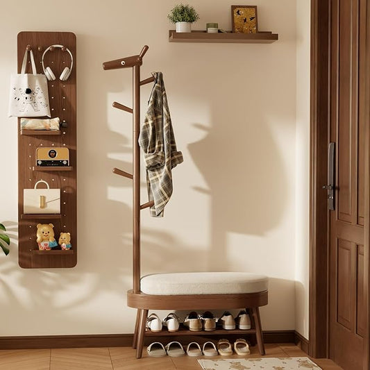 Shoe Bench Entryway, Coat Rack with Shoe Storage, Coat Rack and Shoe Rack, Wooden Narrow Shoe Bench (Walnut)