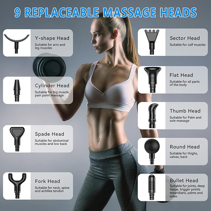 Massage Gun, Muscle Massage Gun for Athletes Handheld Electric Deep Tissue Back Massager, Percussion Massage Device for Pain Relief with 30 Speed Levels 9 Heads