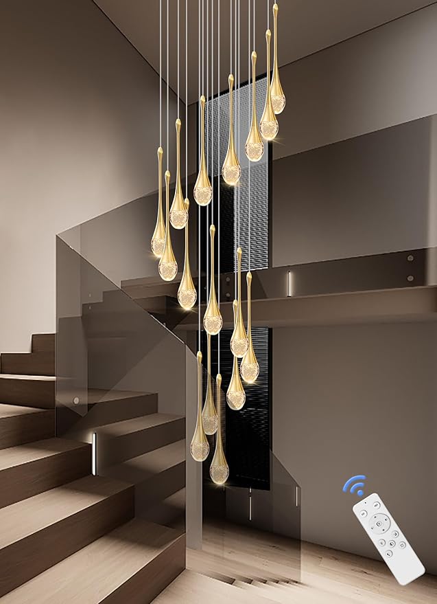 120'' Long Spiral Crystal Chandeliers 16-Lights Gold Bubble Raindrop Crystal Pendant Chandelier Staircase Slanted Ceiling Loft Fixtures LED Dimmable 2700-6000K