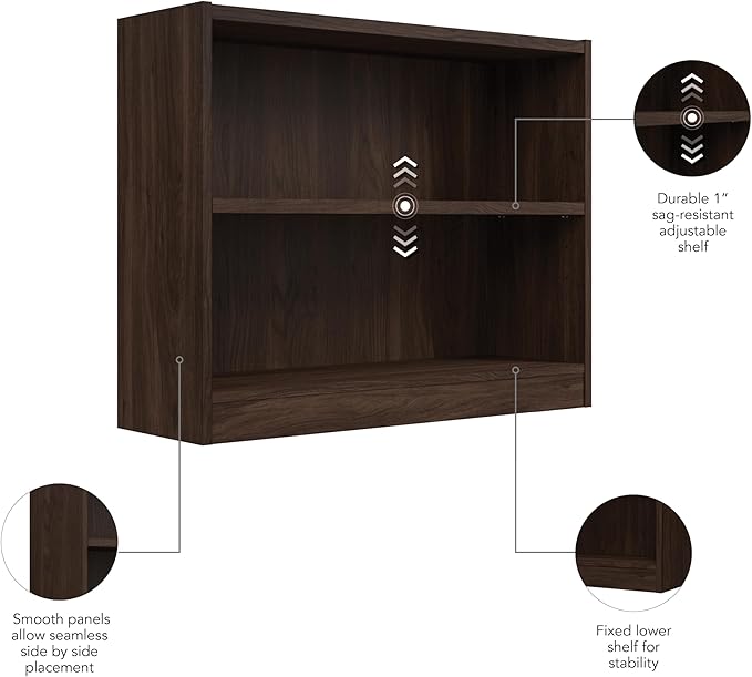 Bush Furniture Universal Small 2 Shelf Bookcase in Black Walnut, Low Storage and Display Bookshelf for Home Office or Living Room Organization