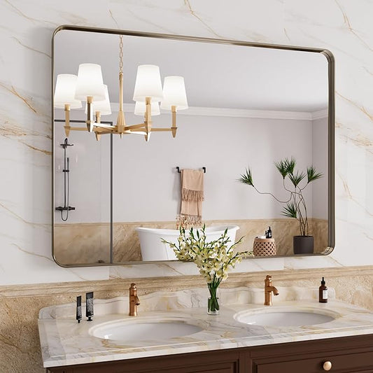 Bronze Bathroom Mirror 40x30 Inch, Brushed Bronze Metal Frame Mirror for Wall, Rounded Rectangle Bathroom Vanity Mirror with Tempered Glass, Anti-Rust, Horizontal/Vertical