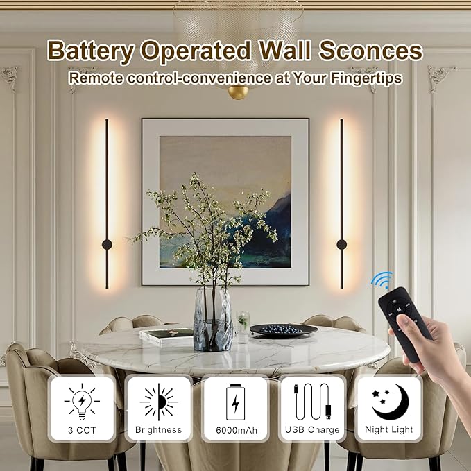 Battery Operated Wall Sconces Set of 2, USB Rechargeable Wall Sconce with Remote Control, Dimmable LED Wireless Wall Lights, 360° Rotation Adjustable Wall Decor for Living Room Bedroom, Black, 40 Inch
