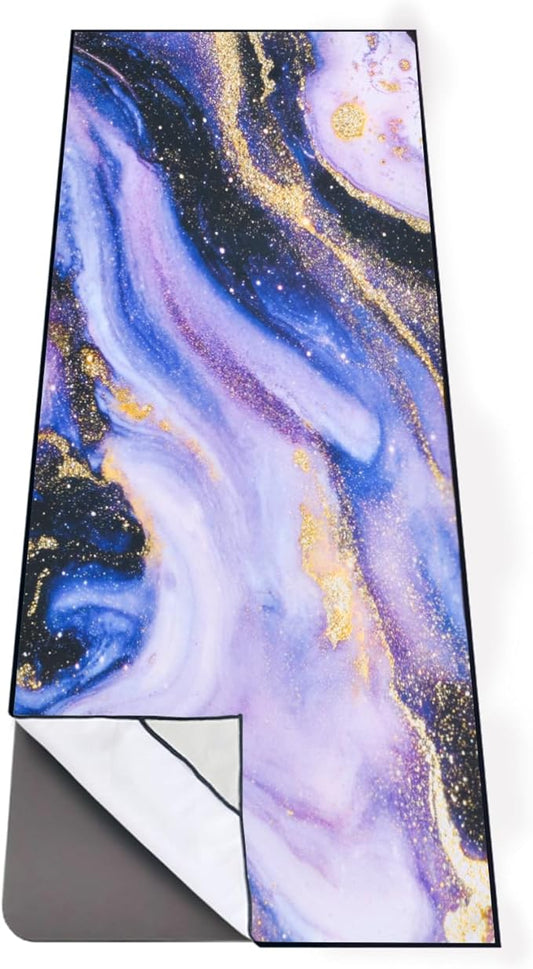 QIYI Large Yoga Mat Towel with Corner Pockets, Non Slip Sweat Absorbent Hot Yoga Towels, Soft Yoga Blankets with Travel Bag, Skidless Mat Cover for Workout, Gym, Fitness - 74"x26", Purple & Pink Grain