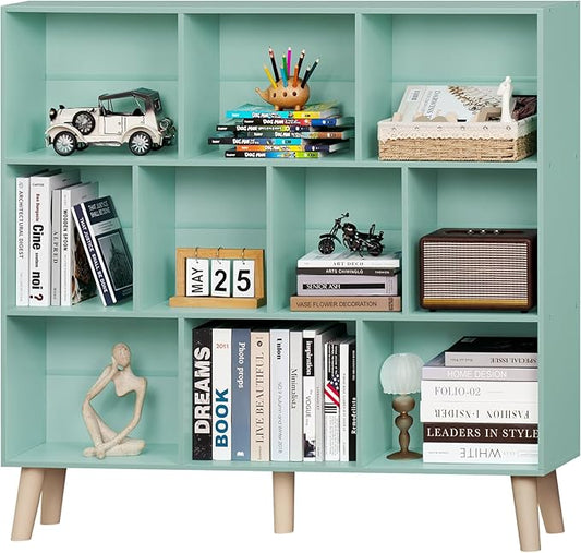 LEYAOYAO 10 Cube Bookshelf,3 Tier Modern Wide Bookcase with Legs,Mid-Century Wood Bookshelfs Storage,Mint-Green Large Book Case,Freestanding Organizer Display Shelf for Bedroom,Living Room,Office