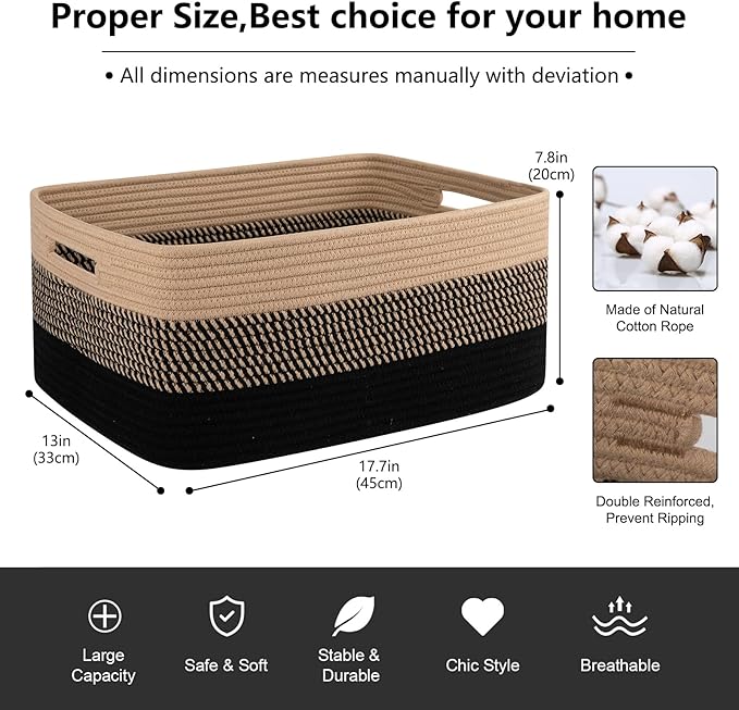 Large Storage Basket for Organizing, Woven Rope Basket for Shelves, Closet Organizer Bins for Clothes, Blanket, Toys, Baby Nursery Storage, 17.7" x 13" x 7.87", 2 Packs Black &amp; Brown