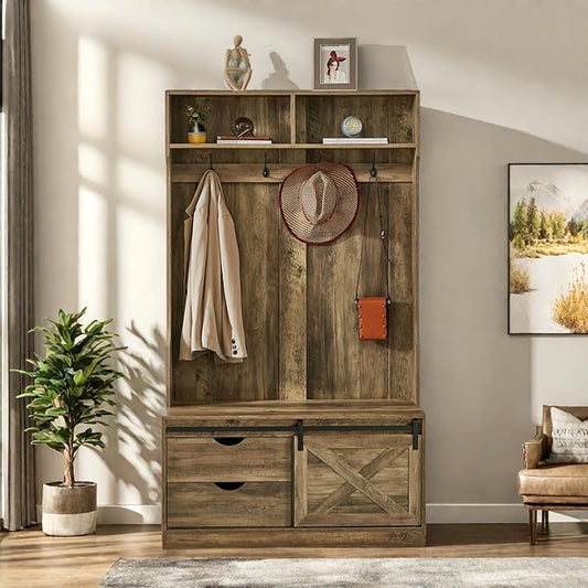 Hall Tree with Storage, Coat Rack with Shoe Storage, 6-in-1 Farmhouse Hall Tree with Hooks, Shoe Racks with Coat Rack for Entryway, Hallway, Walnut