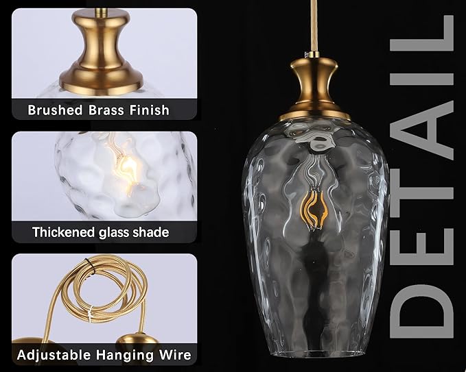 Glass Pendant Lights Kitchen Island Clear Glass Hanging Light Fixtures Farmhouse Brass Pendant Light for Kitchen Sink Dining Room, E26, Gold