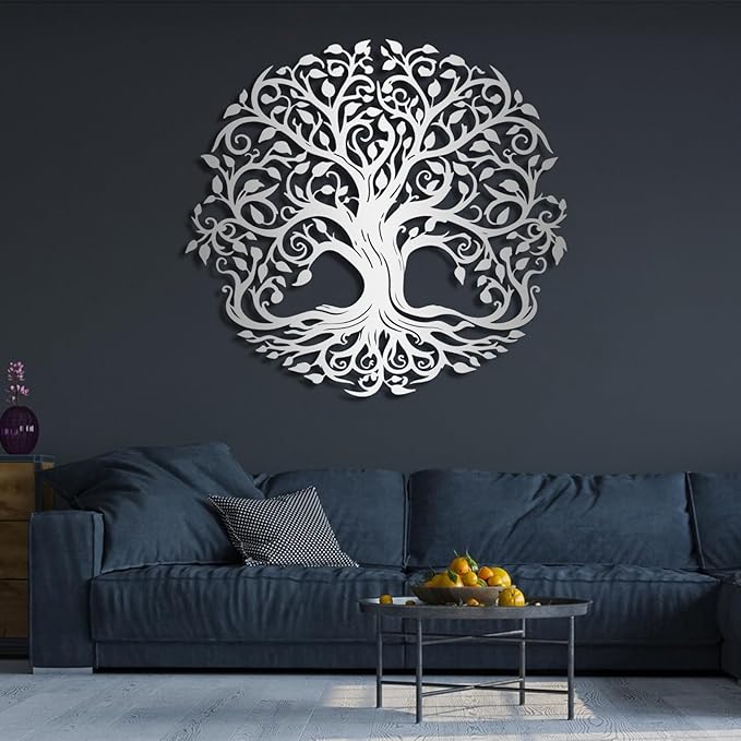 Yemwot Metal Tree of Life Wall Decor, Circle of Life Metal Trees Wall Art, Branch Art, Spiritual Decor, Modern Sculpture Decoration, Living Room Bedroom Decoration (Sliver-Tree 2, 39"x 36" | 100x91cm)