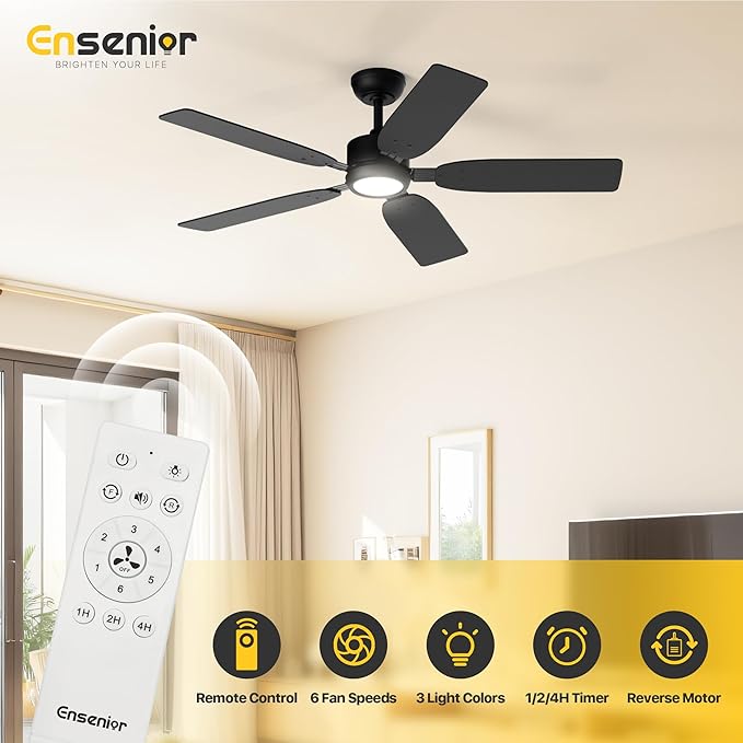 Ensenior Ceiling Fans with Lights and Remote, 52 Inch Black Ceiling Fan with Light, 6 Speeds, 3CCT, Noiseless, Reversible DC Motor, Modern Ceiling Fan for Bedroom and Living Room - 5 Blades