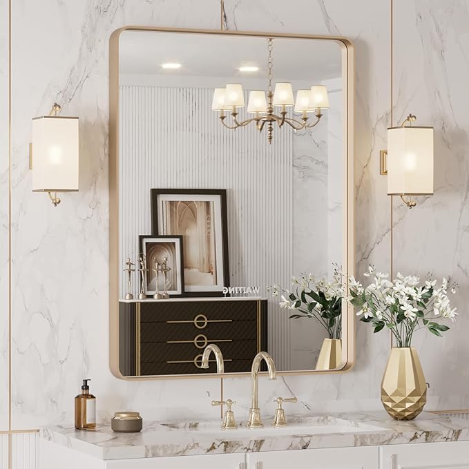 LOAAO 20”X30” Gold Bathroom Mirror, Rounded Rectangle Gold Frame Mirror, Brushed Gold Bathroom Vanity Mirror Wall-Mounted, Anti-Rust, Hangs Horizontally or Vertically