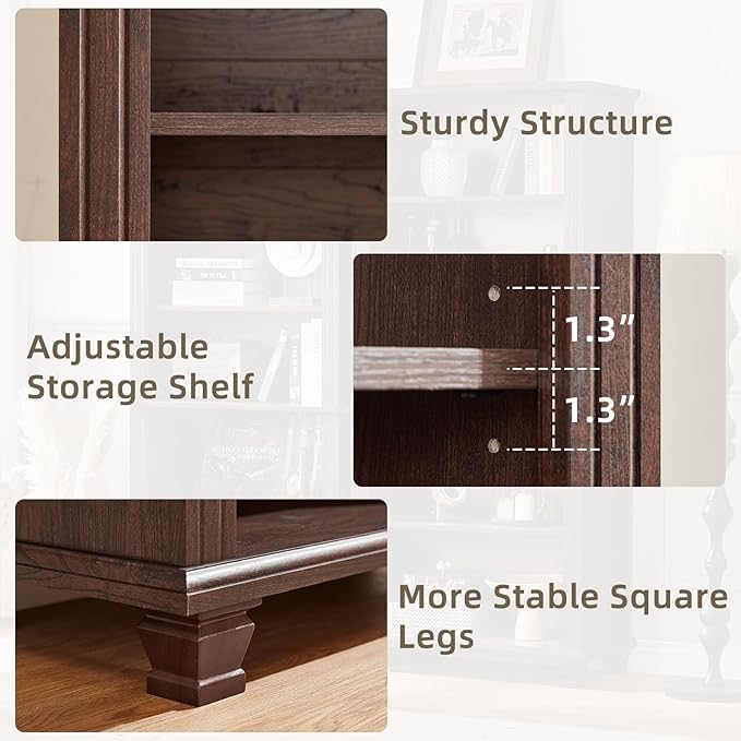 70" Tall Walnut Bookshelf,5 Tier Wooden Book Shelf with Adjustable Shelves &amp; Wood Legs,Free Standing Farmhouse Bookcase with Open Display Storage,Vintage Bookshelfs for Classroom, 2PCS