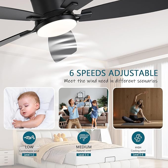 Ceiling Fans with Lights, 52 inch Low Profile Ceiling Fan with Light and Remote Control, Flush Mount, Reversible Motor, Dimmable, Noiseless, Black Ceiling Fan for Bedroom, Indoor/Outdoor Use