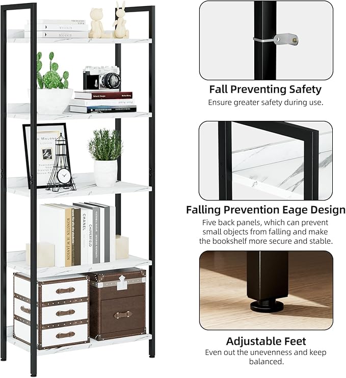NUMENN Bookshelf, 5 Tier Bookshelfs, Home Office Bookcase Shelf Storage Organizer, Free Standing Storage Shelving Unit for Bedroom, Living Room and Home Office, White Marble