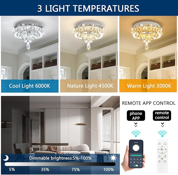 12'' Modern Crystal Chandelier LED Dimmable Flush Mount Ceiling Light Pendant Light for Hallway Living Room Bedroom Dining Room Foyer Silver
