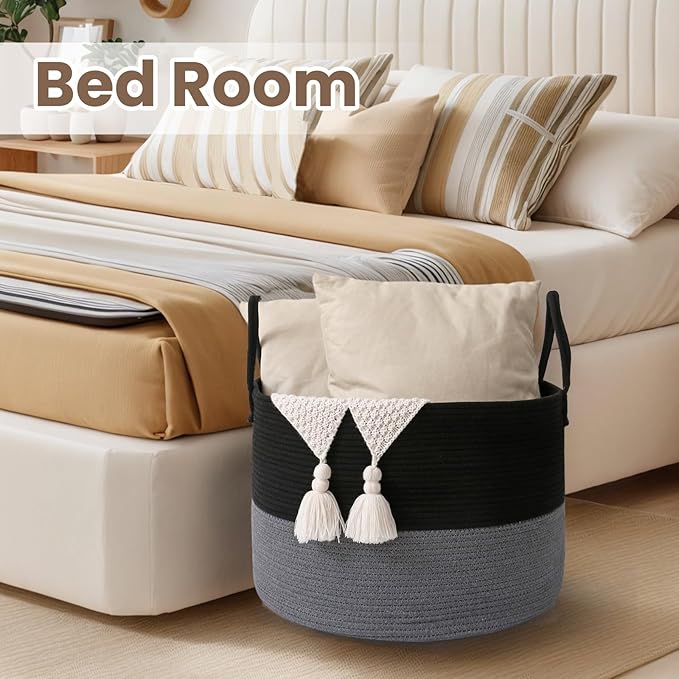 Woven Blanket Basket,115L Large Rope Storage Bin with Handles, Organizer for Blankets Toys Book and Clothes, Laundry Basket for Living Room Bedroom Nursery,Black&amp;Grey