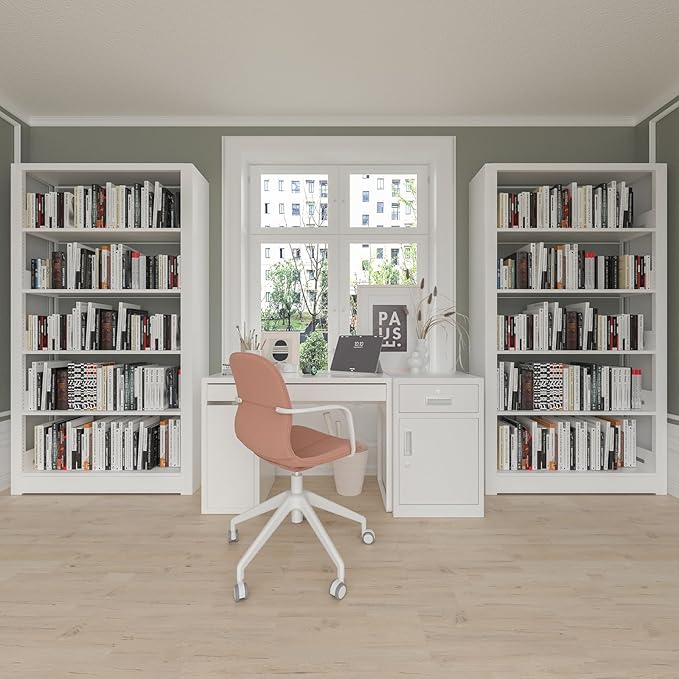 5-Tier Bookshelf, White Bookshelf with Adjustable Storage Shelves, Metal Bookshelf, 69" Tall Bookcase for Living Room, Library, Office, Bedroom, Including Book Stopper，36" Wide Bookshelf