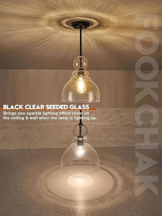 10" Seeded Glass Pendant Lights Kitchen Island Black Pendant Ceiling Light with Hand-Blown Clear Glass Over Dining Table Kitchen Sink Entryway Hallway, E26
