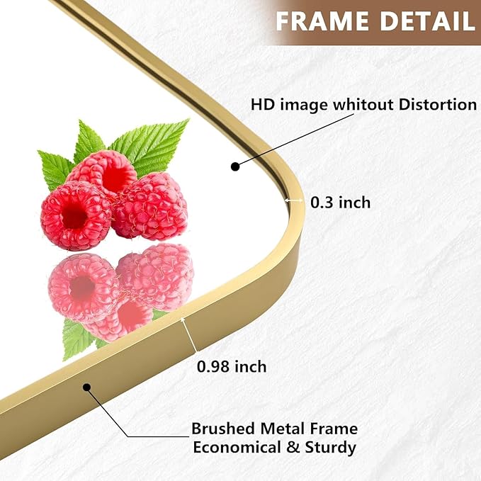 Brushed Gold Mirror, 20"x30" Rectangle Bathroom Mirror, Metal Frame Rectangle Corner Vanity Mirror, Wall Mounted Mirror for Modern, Living Room, Bedroom, Horizontal Or Vertical