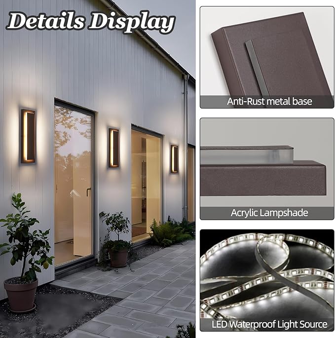 15.7'' Modern Exterior Outdoor Wall Light,Led Porch Front Door Lights Outdoor Wall Sconce,Brown Exterior Light Fixture,Long Brown Outside Sconces Wall Lighting Indoor 3000K 12W 2 PCS