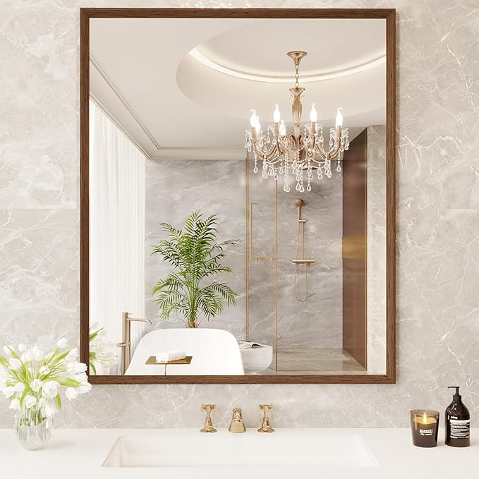 Rectangle Bathroom Mirror 30x36 Inch, Walnut Wood Grain Framed, Anti-Rust &amp; 4mm Tempered Glass, Horizontal/Vertical Hanging Vanity Mirror for Bathroom &amp; Bedroom