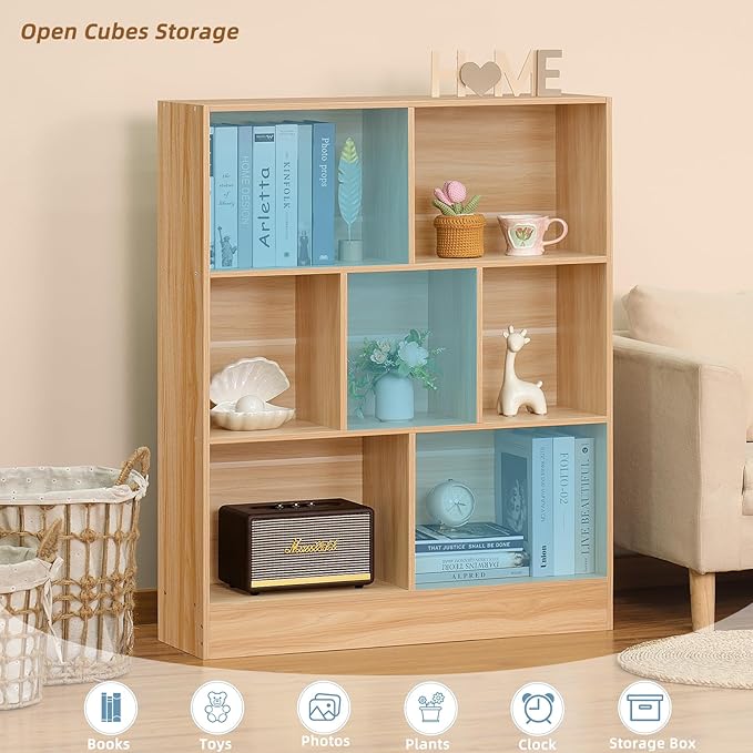 LEYAOYAO 7 Cube Bookshelf with Base,3 Tier Mid-Century Modern Natural Bookcase,Standing Wide Bookshelfs Storage Organizer Shelf,Rustic Wood Display Cabinet Book Shelves for Bedroom,Living Room,Office