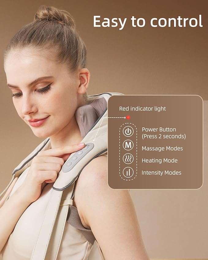 Neck Massager for Pain Relief deep Tissue Relieves Tension Kneading Massager with Heat Improves Circulation Eases Muscle Soreness,Ideal Gifts(Beige)