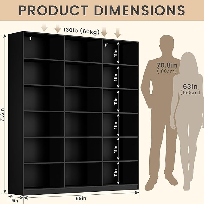 71.6” Tall Bookshelf, Black Bookcase with 18 Shelves, Triple Row Freestanding Display Storage Shelvesm, 6 Tier Wide Book Case for Bedroom Living Room Home Office