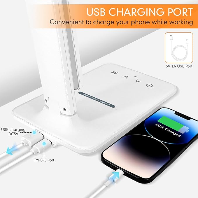 White crown LED Desk Lamp with 15W Wireless Charger &amp; USB Port, Dimmable Table Lamp with 5 Lighting Modes, Sensitive Touch Control, Foldable &amp; Portable Desk Light for Home, Office, Bedroom, Reading