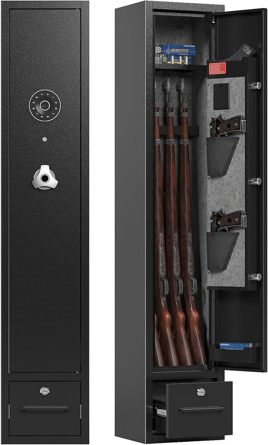 Small Gun Safe for Rifles and Pistols, 4 - Gun Capacity Long Gun Cabinet with Digital Lock and Detachable Gun Rack, Shotgun Safes with Removable Shelf and Locking Drawer for Home