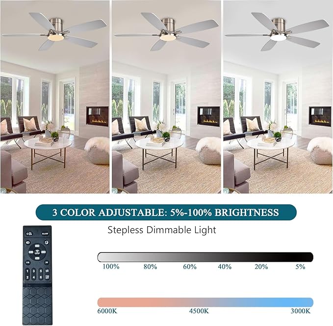 52 Inch Low Profile Ceiling Fans with Lights and Remote, Flush Mount Modern Ceiling Fan, 3CCT Dimmable DC Ceiling Fan for Bedroom, Living Room, Brushed Nickel