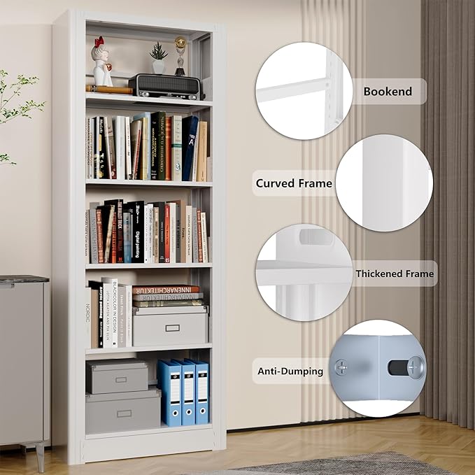 Book Shelf,5-Tier White Bookshelf, Office Bookcases and Bookshelfs,Tall Metal Bookshelf Storage Organizer,Freestanding Bookshelf for Library,Living Room,Home Office (5 Tier(31.5"W x 69"H))