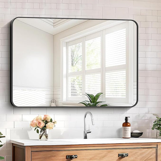 FORBATH Bathroom Mirror 24 x 36 Inches，Black Wall Mirror Aluminum Frame Wall Mounted Rounded Corner Morndern Mirror for Bathroom Bedroom Entryway Living Room