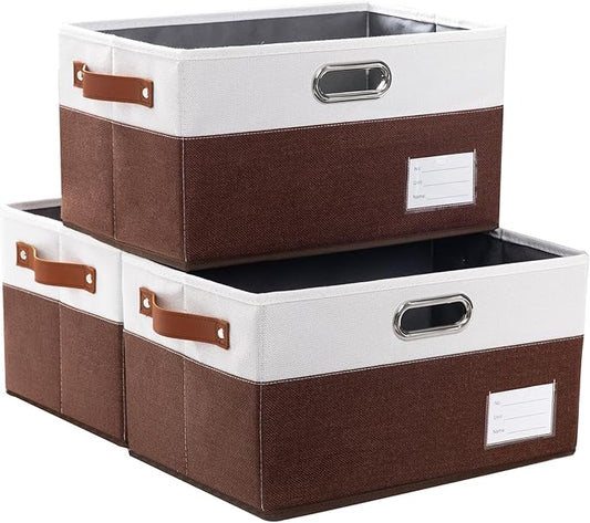 PRANDOM Foldable Storage Bins with Handles [3-Pack] Fabric Collapsible Storage Boxes Baskets Cubes Containers with Handles for Closet Living Room Bedroom (Brown &amp; White 14.9x9.8x8.3'')