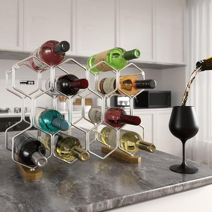 Buruis Countertop Wine Rack with Acacia Base, 14-Bottle Modern Freestanding Metal Holder for Red and White Wine, Tabletop, Kitchen, Bar, and Cabinet Storage (Chrome)