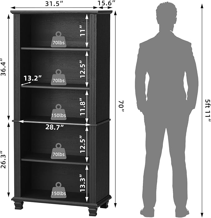 70" Tall Black Bookshelf,5 Tier Wooden Book Shelf with Adjustable Shelves &amp; Wood Legs,Free Standing Farmhouse Bookcase with Open Display Storage,Vintage Bookshelfs for Living Room, 3PCS