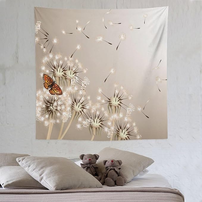 Nature Tapestry,Floral Dandelion Flying Butterfly Flower Plant Theme Print Tapestries for Living Room Party Beach Picnic Blankets Tablecloths Wall Decor, 60x60 in