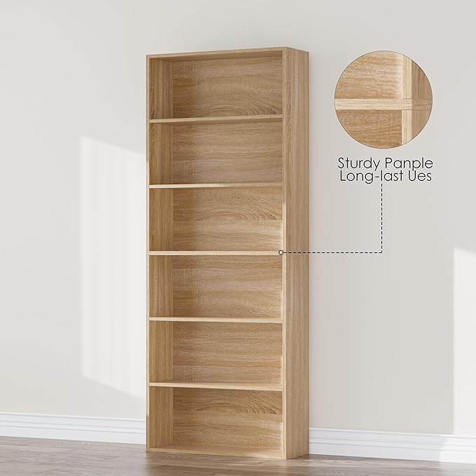 FOTOSOK 6-Tier Open Bookcase and Bookshelf, Freestanding Display Storage Shelves Tall Bookshelf Bookcase for Bedroom, Living Room and Office, Light Oak