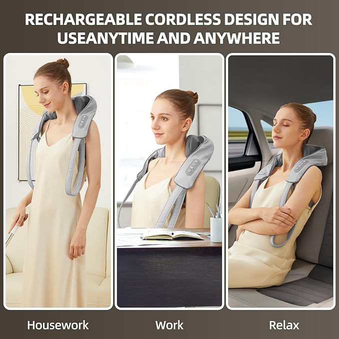 Neck and Shoulder Massager with Heat, Cordless Shiatsu Shoulder Massager for Pain Relief Deep Tissue, Rechargeable 6D Kneading Massage for Neck and Shoulde Pain, Gifts for Mom&Dad (Grey)