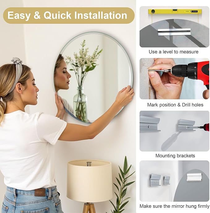 36" Frameless Beveled Round Mirror with 1" Edge for Bathroom, Entryways, Vanity, Wall Decor