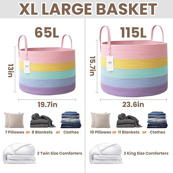 Woven Blanket Basket,65L Large Rope Storage Bin with Handles, Organizer for Blankets Toys Book and Clothes, Laundry Basket for Living Room Bedroom Nursery,Rainbow